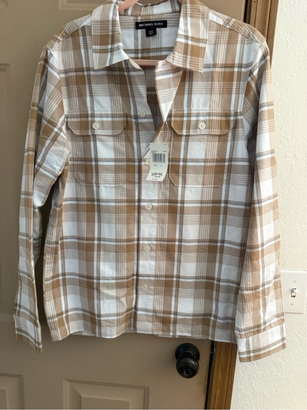 Michael Kors Tan and White Plaid Button-Up Shirt.